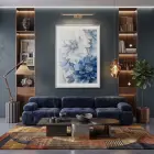 Suluboya Çiçek Buz Mavisi Tonları Tekli Gümüş Metal Çerçeveli Cam Tablo Salon Oturma