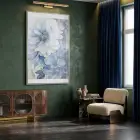 Suluboya Çiçek Buz Mavisi Tonları Tekli Gümüş Metal Çerçeveli Cam Tablo Salon Oturma