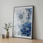 Suluboya Çiçek Buz Mavisi Tonları Tekli Siyah Metal Çerçeveli Cam Tablo Poster Dekoratif
