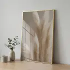 Pampas Otu Bej Tonları Tekli Gold Metal Çerçeveli Cam Tablo Salon Oturma Odası