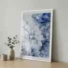 Soyut Çiçek Buz Mavi Tonları Tekli Beyaz Metal Çerçeveli Cam Tablo Poster Dekoratif