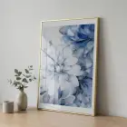 Soyut Çiçek Buz Mavi Tonları Tekli Gold Metal Çerçeveli Cam Tablo Ev Dekorasyonu