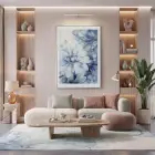 Soyut Çiçek Buz Mavi Tonları Tekli Gümüş Metal Çerçeveli Cam Tablo Salon Oturma