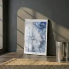 Soyut Çiçek Buz Mavi Tonları Tekli Gümüş Metal Çerçeveli Cam Tablo Salon Oturma