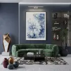 Soyut Çiçek Buz Mavi Tonları Tekli Siyah Metal Çerçeveli Cam Tablo Ev Dekorasyonu