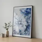 Soyut Çiçek Buz Mavi Tonları Tekli Siyah Metal Çerçeveli Cam Tablo Ev Dekorasyonu