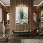 Palmiye Yaprağı Yeşil Gri Tonlar Tekli Gold Metal Çerçeveli Cam Tablo Poster Dekoratif
