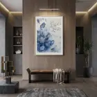 Büyük Şakayık Buz Mavisi Tonlar Tekli Gold Metal Çerçeveli Cam Tablo Salon Oturma