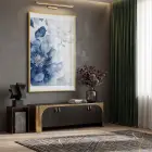Büyük Şakayık Buz Mavisi Tonlar Tekli Gold Metal Çerçeveli Cam Tablo Salon Oturma