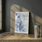 Büyük Şakayık Buz Mavisi Tonlar Tekli Gold Metal Çerçeveli Cam Tablo Salon Oturma