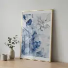 Büyük Şakayık Buz Mavisi Tonlar Tekli Gold Metal Çerçeveli Cam Tablo Salon Oturma