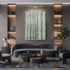 Organik Doku Pastel Yeşil Gri Tekli Gümüş Metal Çerçeveli Cam Tablo Ev Dekorasyonu