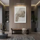 Soyut Çizgiler Doğal Bej Tonları Tekli Beyaz Metal Çerçeveli Cam Tablo Salon Oturma