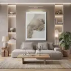 Soyut Çizgiler Doğal Bej Tonları Tekli Gümüş Metal Çerçeveli Cam Tablo Salon Oturma