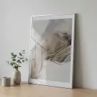 Soyut Çizgiler Doğal Bej Tonları Tekli Gümüş Metal Çerçeveli Cam Tablo Salon Oturma
