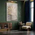 Palmiye Yaprağı Altın Bej Tonları Tekli Beyaz Metal Çerçeveli Cam Tablo Duvar Salon