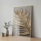 Palmiye Yaprağı Altın Bej Tonları Tekli Gold Metal Çerçeveli Cam Tablo Ev Dekorasyonu