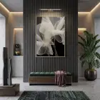 Şeffaf Dalgalar Açık Bej Tonları Tekli Gold Metal Çerçeveli Cam Tablo Salon Oturma
