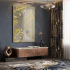 Altın Yapraklar Grisi Tonları Tekli Gold Metal Çerçeveli Cam Tablo Duvar Salon Aksesuarları