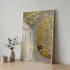 Altın Yapraklar Grisi Tonları Tekli Gold Metal Çerçeveli Cam Tablo Duvar Salon Aksesuarları