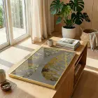 Altın Yapraklar Grisi Tonları Tekli Gold Metal Çerçeveli Cam Tablo Duvar Salon Aksesuarları