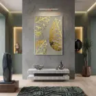 Altın Yapraklar Grisi Tonları Tekli Gümüş Metal Çerçeveli Cam Tablo Yatak Odası Koridor