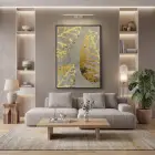 Altın Yapraklar Grisi Tonları Tekli Siyah Metal Çerçeveli Cam Tablo Ev Dekorasyonu Oda