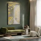 Altın Yapraklar Grisi Tonları Tekli Siyah Metal Çerçeveli Cam Tablo Ev Dekorasyonu Oda