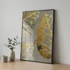 Altın Yapraklar Grisi Tonları Tekli Siyah Metal Çerçeveli Cam Tablo Ev Dekorasyonu Oda