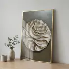 Soyut Kıvrım Bej Gri Tonları Tekli Gold Metal Çerçeveli Cam Tablo Yatak Odası