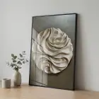 Soyut Kıvrım Bej Gri Tonları Tekli Siyah Metal Çerçeveli Cam Tablo Yatak Odası