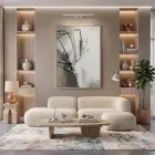 Soyut Hareket Nötr Gri Ton Tekli Gold Metal Çerçeveli Cam Tablo Duvar Salon