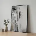 Soyut Hareket Nötr Gri Ton Tekli Siyah Metal Çerçeveli Cam Tablo Yatak Odası
