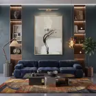 Soyut Akış Açık Bej Tonları Tekli Gold Metal Çerçeveli Cam Tablo Poster Dekoratif