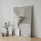 Soyut Akış Açık Bej Tonları Tekli Gümüş Metal Çerçeveli Cam Tablo Duvar Salon