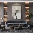Soyut Akış Açık Bej Tonları Tekli Siyah Metal Çerçeveli Cam Tablo Duvar Salon