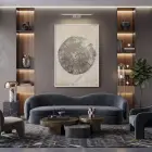 Ağaç Halkası Doğal Bej Tonlar Tekli Beyaz Metal Çerçeveli Cam Tablo Salon Oturma