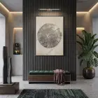 Ağaç Halkası Doğal Bej Tonlar Tekli Siyah Metal Çerçeveli Cam Tablo Duvar Salon