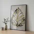 Soyut Yaprak Altın Siyah Bej Tekli Metal Çerçeveli Cam Tablo Poster Dekoratif Obje