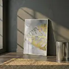 Soyut Yaprak Gri Altın Tonları Tekli Beyaz Metal Çerçeveli Cam Tablo Poster Dekoratif