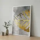 Soyut Yaprak Gri Altın Tonları Tekli Beyaz Metal Çerçeveli Cam Tablo Poster Dekoratif