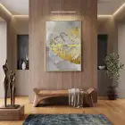 Soyut Yaprak Gri Altın Tonları Tekli Gold Metal Çerçeveli Cam Tablo Duvar Salon