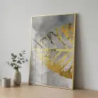 Soyut Yaprak Gri Altın Tonları Tekli Gold Metal Çerçeveli Cam Tablo Duvar Salon