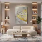 Soyut Yaprak Gri Altın Tonları Tekli Gümüş Metal Çerçeveli Cam Tablo Duvar Salon