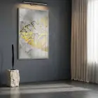 Soyut Yaprak Gri Altın Tonları Tekli Gümüş Metal Çerçeveli Cam Tablo Duvar Salon