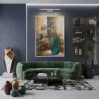 Çiçek Vazo Sıcak Bej Mavi Tekli Beyaz Metal Çerçeveli Cam Tablo Salon Oturma
