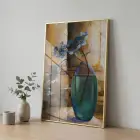 Çiçek Vazo Sıcak Bej Mavi Tekli Gold Metal Çerçeveli Cam Tablo Salon Oturma