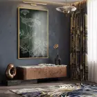 Bitkisel Çizim Derin Yeşil Tonlar Tekli Gold Metal Çerçeveli Cam Tablo Salon Oturma