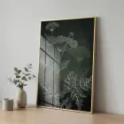 Bitkisel Çizim Derin Yeşil Tonlar Tekli Gold Metal Çerçeveli Cam Tablo Salon Oturma