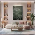 Bitkisel Çizim Derin Yeşil Tonlar Tekli Gümüş Metal Çerçeveli Cam Tablo Ev Dekorasyonu